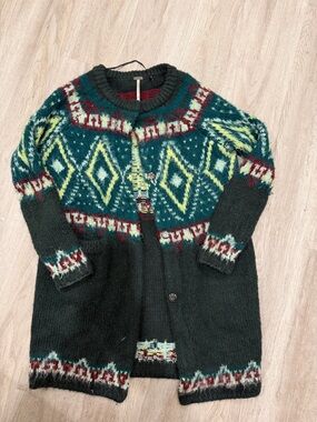 Free People Dark Green Fair Isle Cardigan with Teal & Yellow Accents